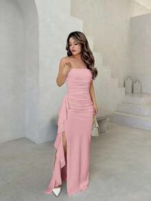 Vestido de dama de honor para boda de primavera/verano, vestido largo blanco con volantes, sin mangas, sin tirantes, sexy, fruncido y con abertura alta, con fajín - Rosa vieja - Ver 4