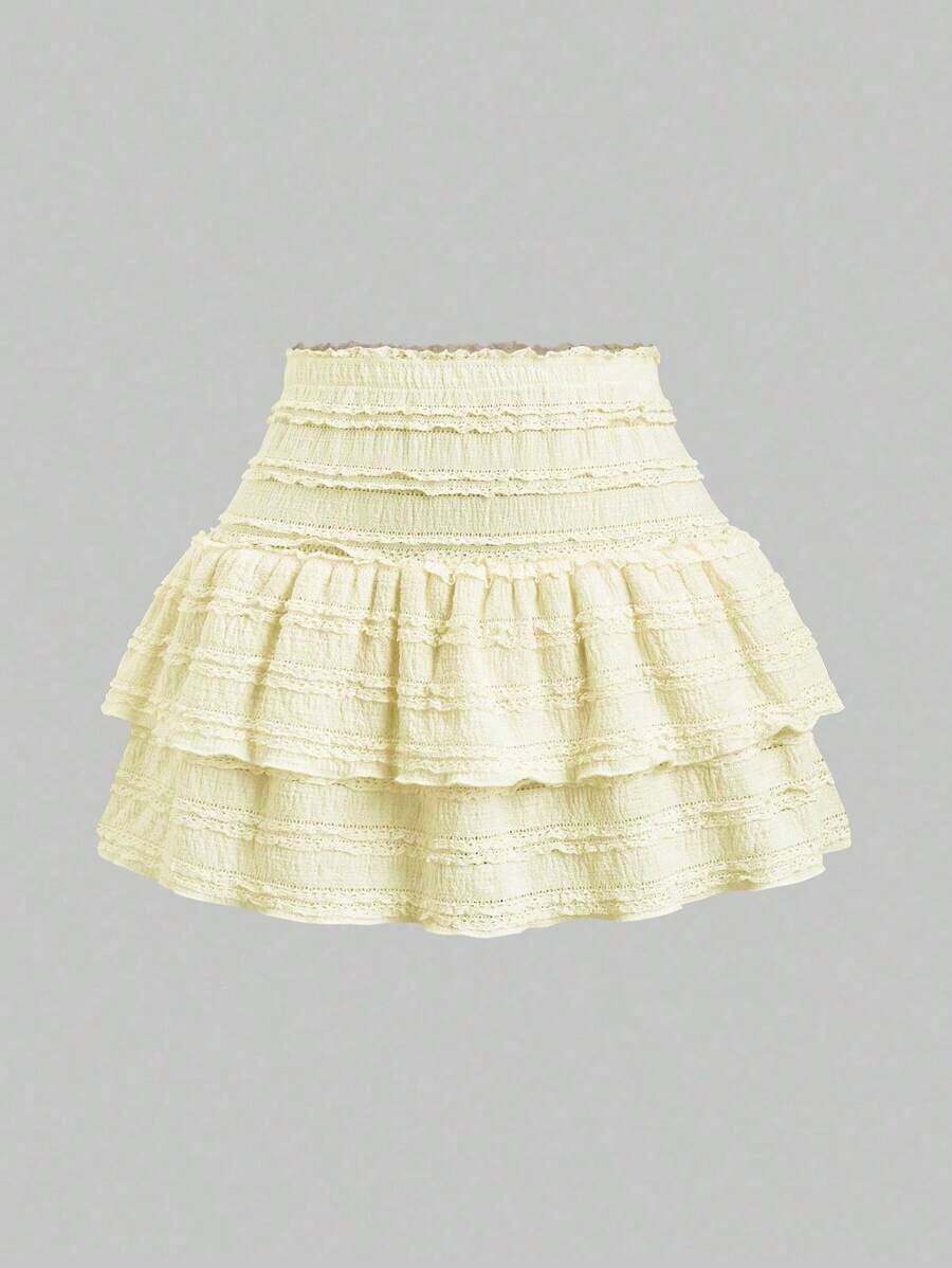 Falda mini casual y de resort Y2K con dobladillo de doble capa y ribete de volantes de unicolor - Amarillo - Ver 1