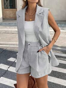 Conjunto de chaleco y pantalones cortos casuales para mujer, atuendo para ir al trabajo - Multicolor - Ver 8