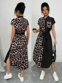 Vestido largo de manga corta para verano 2025, nuevo, con bolsillo, abertura lateral, cinturón y lazo, estampado de leopardo, para uso casual y de viaje - Multicolor - Ver 1