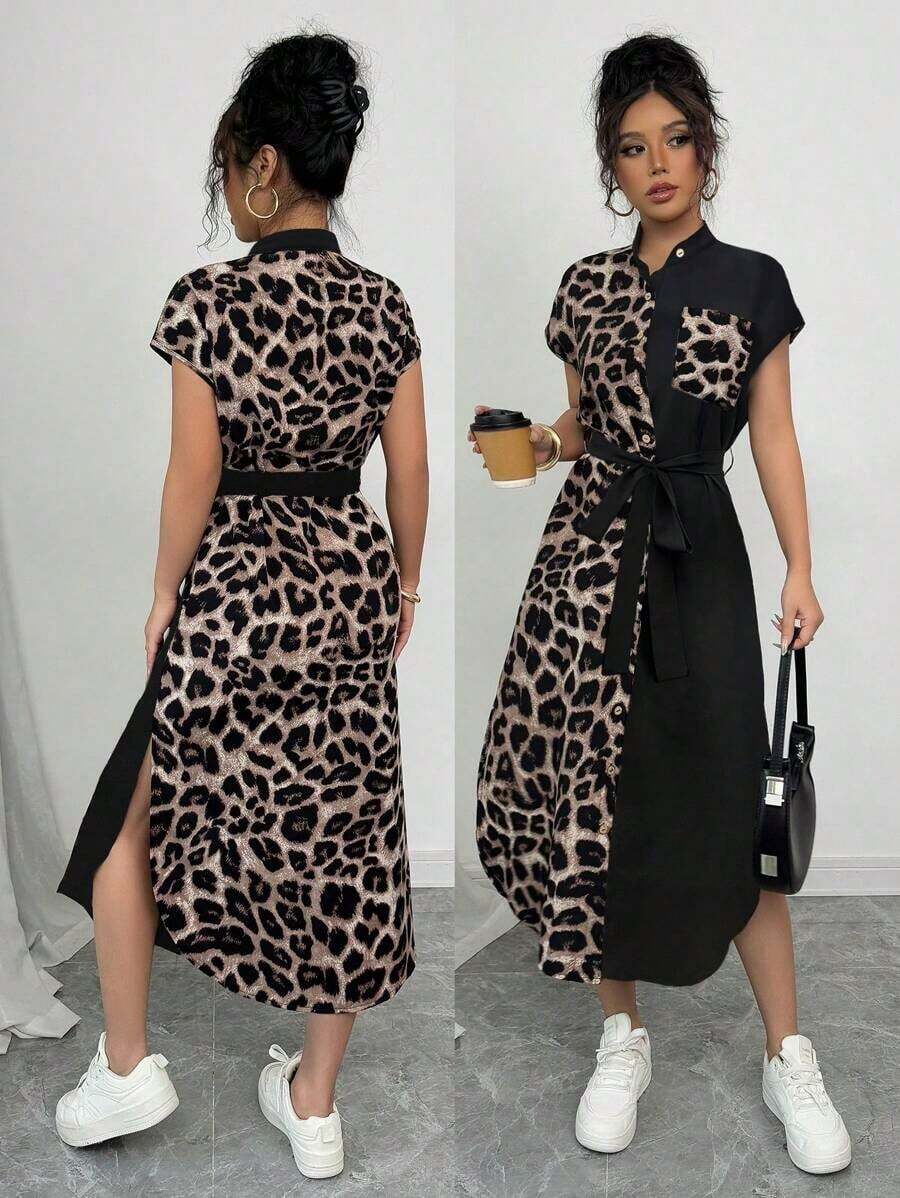 Vestido largo de manga corta para verano 2025, nuevo, con bolsillo, abertura lateral, cinturón y lazo, estampado de leopardo, para uso casual y de viaje - Multicolor - Ver 1
