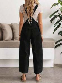 Women's Black Denim Overalls With Straps, Cargo Pockets, Long Length, Elegant & Vintage Style Jumpsuit For Fall - Black - View 6