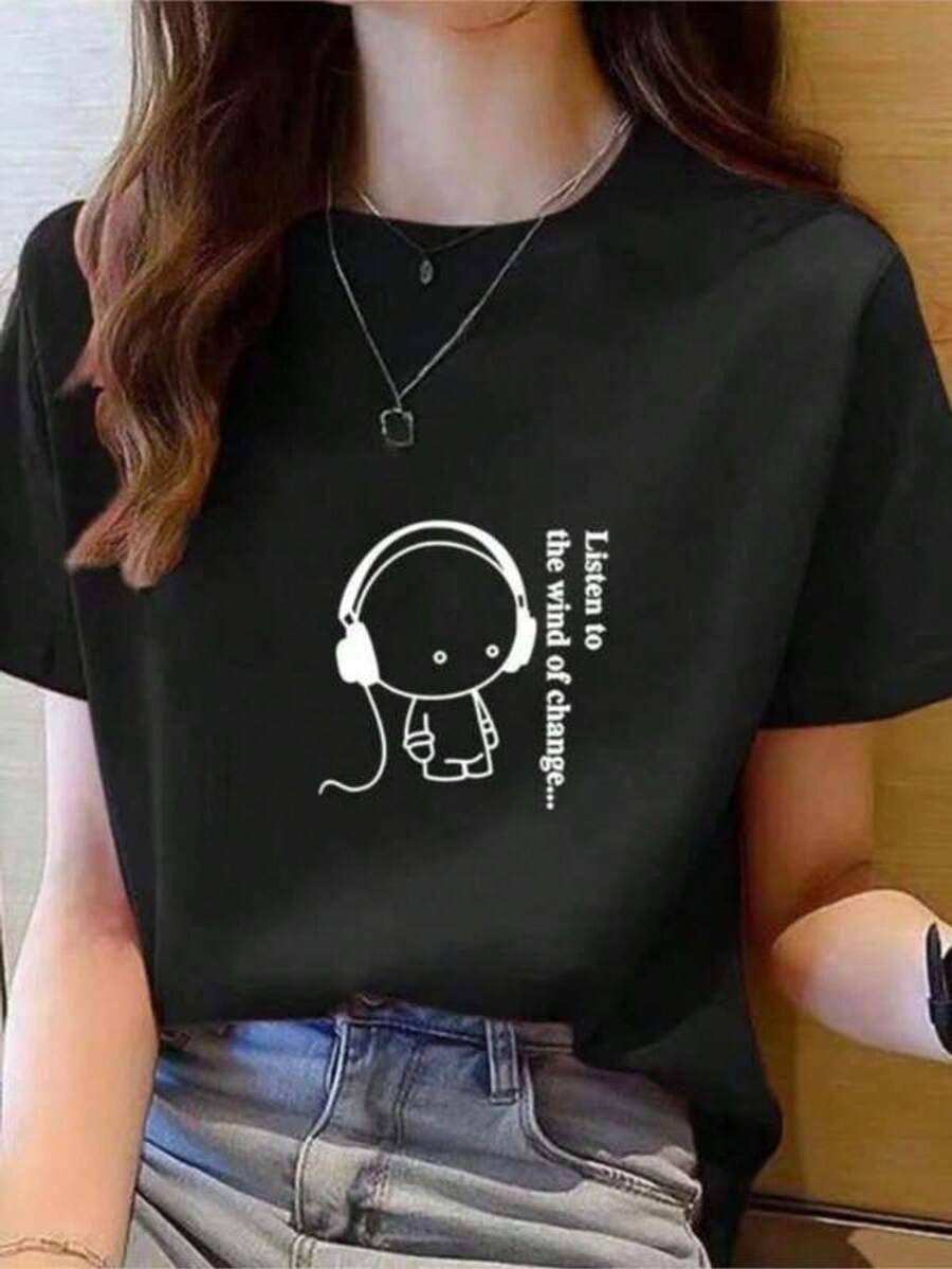 Shirt Women Top Short SLeesve T Shirts New Korean T Shirt For Women Round Neck Women Clothes Fashion Tshirt Woman Cartoon Vintage - 黑色 - 查看 1