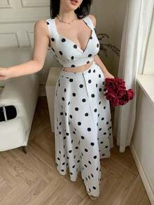 Conjunto de 2 piezas de top sin mangas y falda con estampado de lunares para mujer - Blanco y Negro - Ver 6