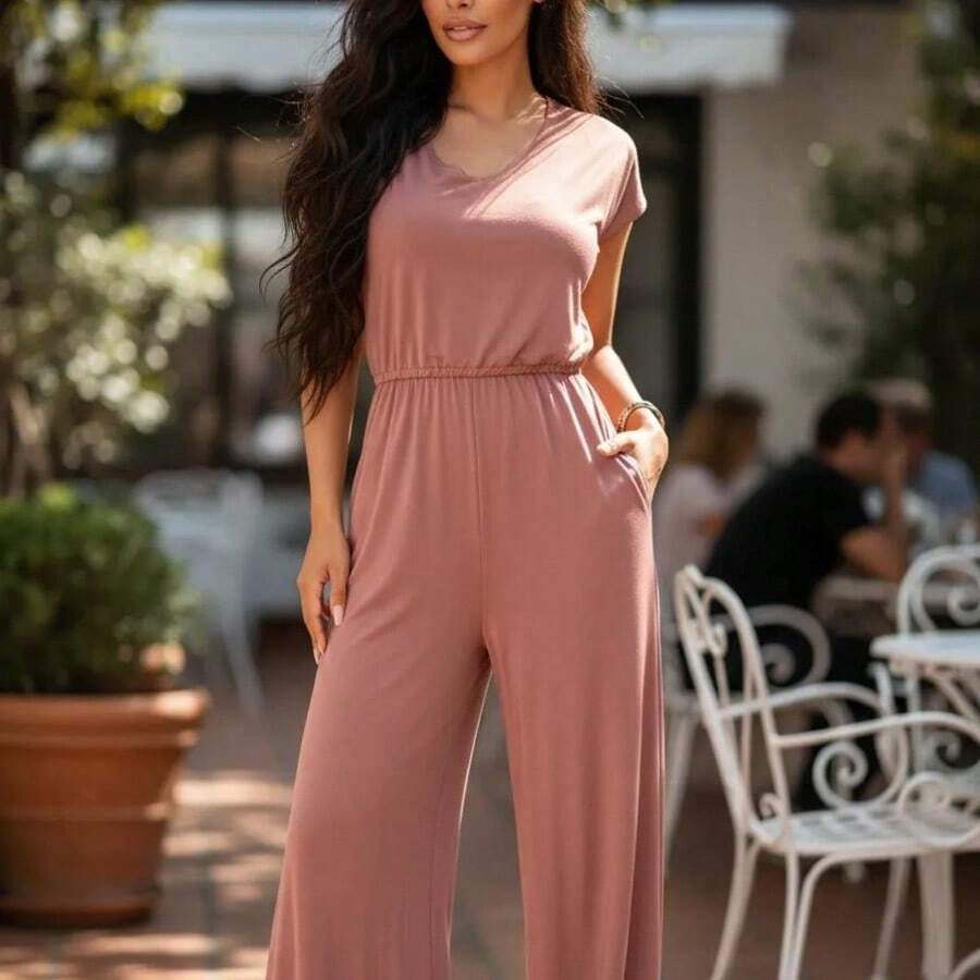 Women's Palazzo Jumpsuit - Comfortable, High Quality, Perfect For Everyday Wear - 粉色 - 查看 1