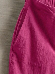 Pantalones de lino minimalistas casuales de unicolor para mujer, talla pequeña - Rosa Fucsia - Ver 5
