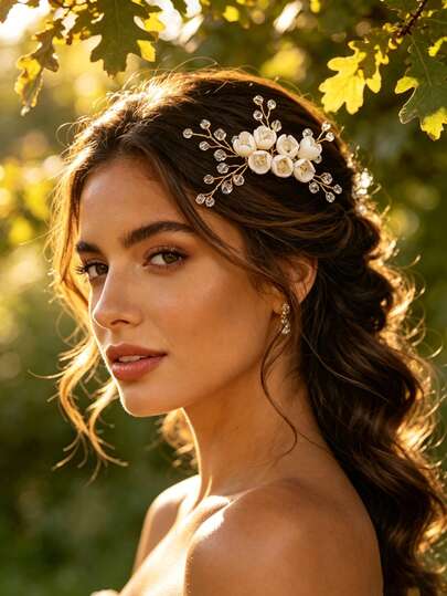 1pc Gold Tone White Flower & Crystal Bridal Hair Comb, Wedding Hair Accessories For Bride & Bridesmaid