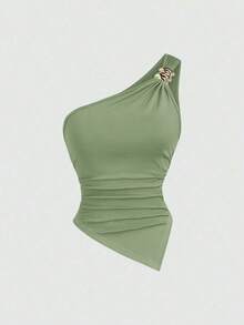 Blusa de unicolor minimalista con cuello asimétrico y hebilla de metal para mujer - Multicolor 12 - Ver 4