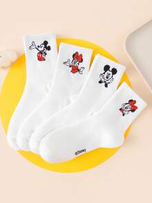 Disney 1/4/8 双装男女通用中筒袜 - 迪士尼米奇和米妮卡通可爱手捂脸图案简约白色设计 - 适合日常休闲穿着，四季皆宜 - 彩色 - 查看 11