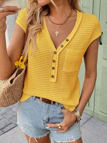 Camiseta de punto de gofre de cuello en V sólido, de manga corta, casual para primavera y verano - Amarillo - Ver 1