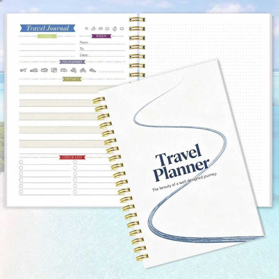 1pc Travel Plan Theme Planner Notebook - Winding Blue Line Cover Design, Spiral Bound, Best Gift For Couples, Family, Friends - A5 - View 1