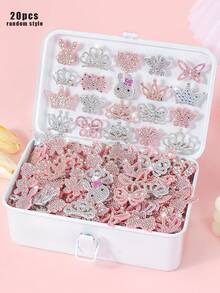 20pcs Random White & Pink Rhinestone Hollow Non-Woven Fabric Hair Clips, Shiny Rabbit Crown, Butterfly, Heart Shaped Hair Accessories, Cute For Girls, Party & Daily Wear - Multicolor - View 10