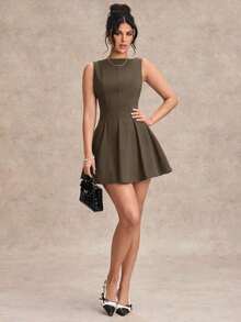 Vestido negro sólido, minimalista y sexy de corte evasé en tono burdeos para mujer, vestido para citas, vestido de dama de honor corto, vestido negro elegante para primavera/verano - Marrón - Ver 4
