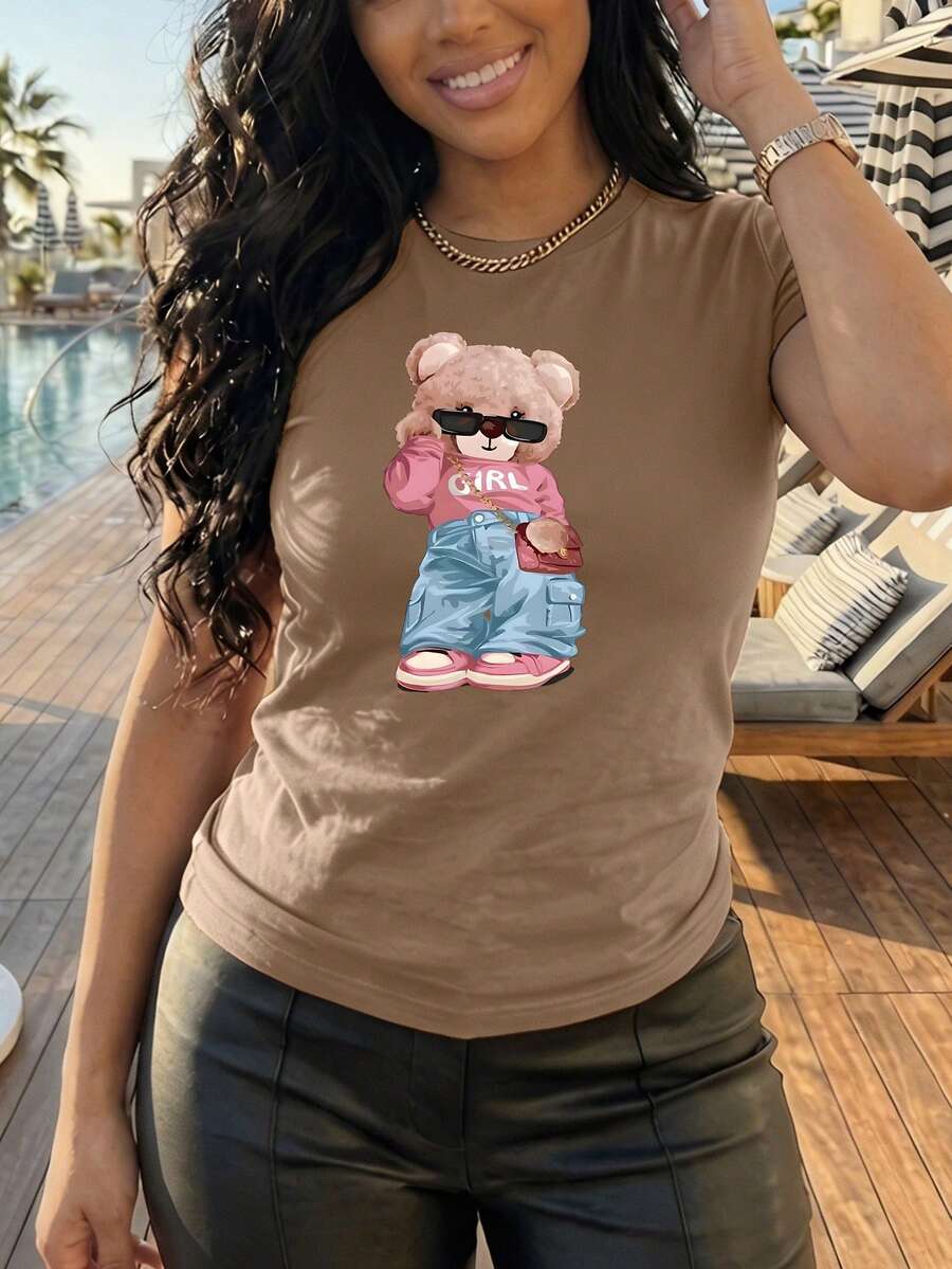Women's Oversized Brown T-Shirt With  Bear Print. Loose-Fitting Round Neck T-Shirt With A Pink Bear Wearing Glasses. Casual Short-Sleeved T-Shirt With A  Bear, Chic And Youthful Style. - YH484-棕色 - 查看 1