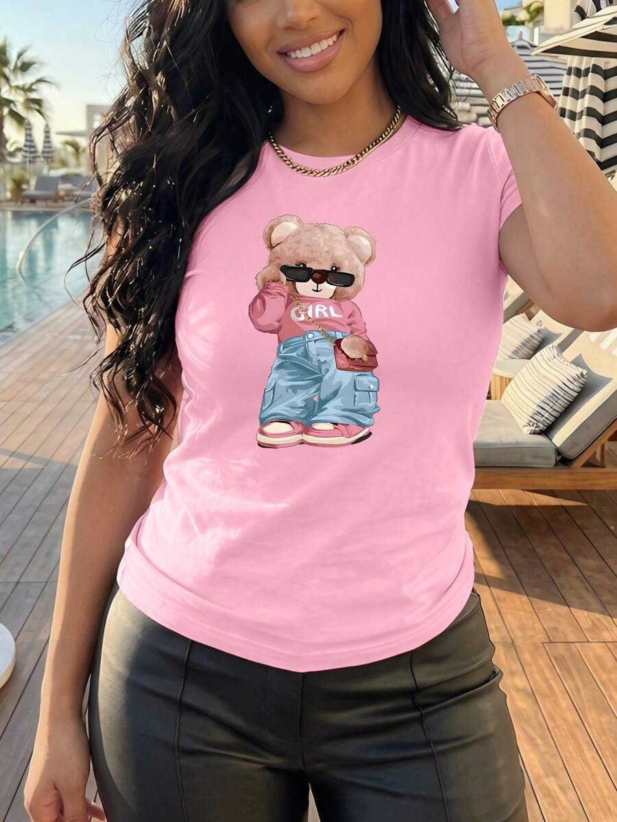Women's Oversized Brown T-Shirt With Bear Print. Loose-Fitting Round Neck T-Shirt With A Pink Bear Wearing Glasses. Casual Short-Sleeved T-Shirt With A Bear, Chic And Youthful Style. - YH484-粉紅色 - 查看 1