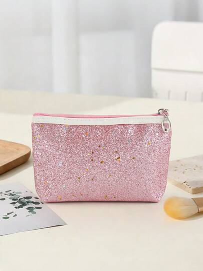 1pc Cute Pink Sequin Cosmetic Bag, Large Capacity Travel Toiletry Organizer, Makeup Storage Pouch, Portable Brush Holder