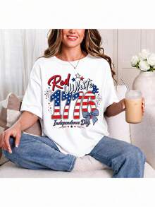 Red, White, And 1776 T-Shirt, Patriotic US Independence Day Tee, Vintage 4th Of July American Flag Tee, Outfit For Celebrating Freedom. Unisex 220g Pure Cotton T-Shirt, Ideal Weight For All Seasons, Suitable For Both Men And Women. Durable, High-Quality Fabric, Soft To The Touch And Long-Lasting. Breathable Top. Suitable For Women's Spring And Summer, Holidays, Mother's Day, And Independence Day. - 白色 - 查看 1
