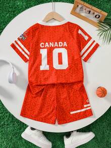 酷炫男孩快乾運動套裝，紅白配色拼接 CANADA 印花球衣，短袖上衣與短褲 2 件套 - 紅色 - 查看 2