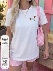 大码女式度假旅行100%纯棉可爱腊肠犬图案圆领短袖休闲简约夏季女式白色上衣T恤 - 白色 - 查看 2