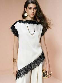 Camisa de mujer  en color caqui, de tela popelín, con parche de encaje de unicolor elegante y bajo asimétrico, elegante para citas, atuendos de verano para mujeres, blusas de verano - Multicolor - Ver 5