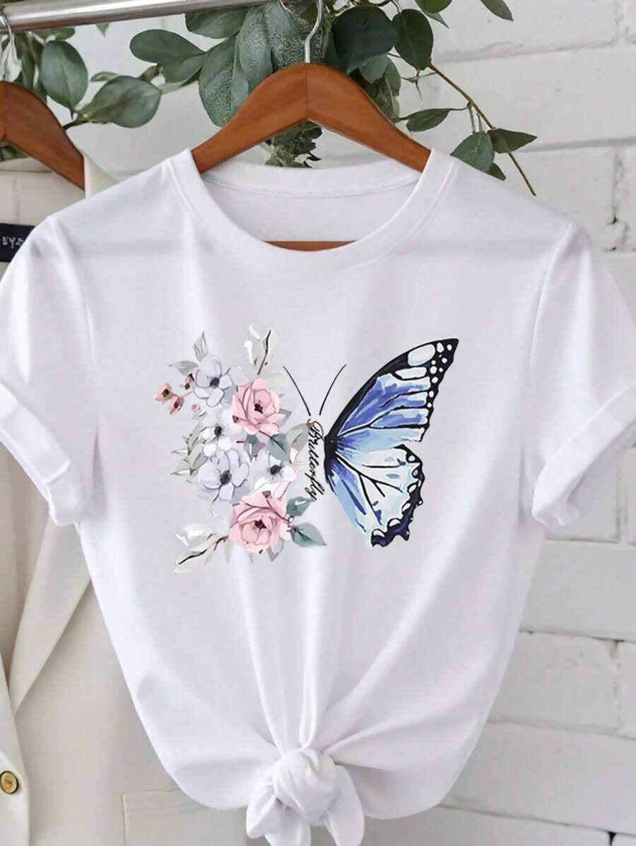 Camiseta casual de cuello redondo de manga corta con estampado floral y de mariposa para mujer HZID - Blanco - Ver 1