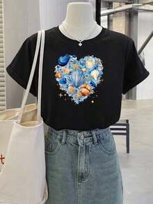 Camisetas de manga corta de talla grande para mujer, ideales para el verano y el uso diario, camisetas básicas para mujer, con estampado de conchas, adecuadas para un estilo casual y minimalista fresco, lavables a máquina, transpirables y cómodas. - Negro - Ver 1