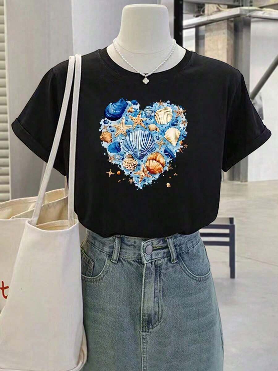 Camisetas de manga corta de talla grande para mujer, ideales para el verano y el uso diario, camisetas básicas para mujer, con estampado de conchas, adecuadas para un estilo casual y minimalista fresco, lavables a máquina, transpirables y cómodas. - Negro - Ver 1