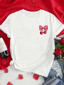 Camiseta de manga corta de talla grande para mujer - Camiseta básica casual de corte holgado, elegantes tops de poliéster, camiseta de manga corta con paneles frontales y traseros - Estampado de moda con lazo de cereza y corazón - Camiseta estampada de primavera/verano para mujer, artículo de moda transpirable y cómodo. - Blanco - Ver 2
