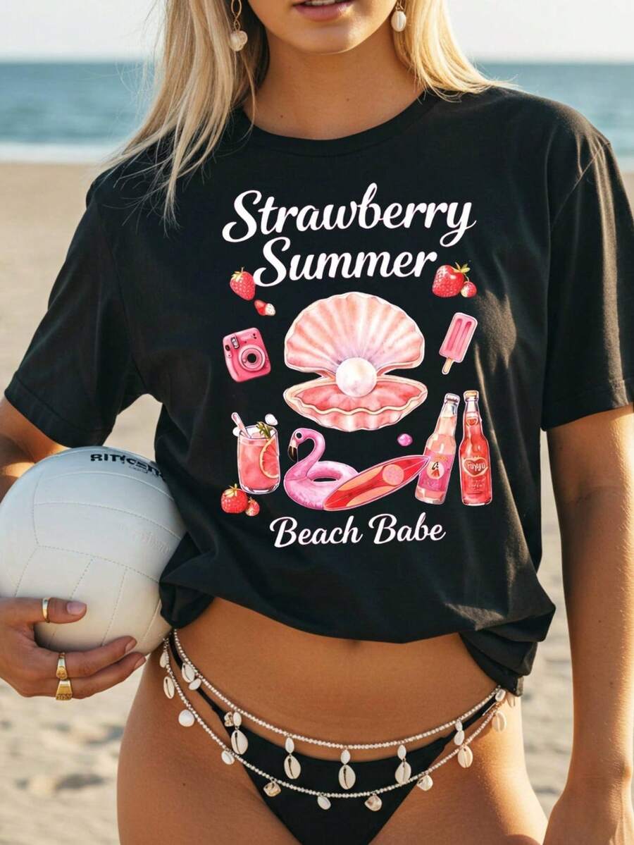 Camiseta de verano Strawberry Summer Shirt Beach Babe T1EE Camiseta estética de verano Linda camiseta rosa de verano T1EE Camiseta de vacaciones Camiseta de playa femenina T1EE. 220 g de algodón puro unisex T1S1Hirt Peso ideal para todas las estaciones, adecuada tanto para hombres como para mujeres. Tejido duradero de alta calidad, suave al tacto y de larga duración. Top transpirable. Adecuado para la primavera y el verano de las mujeres, vacaciones, Día de la Madre, Día de la Independencia. - Negro - Ver 1
