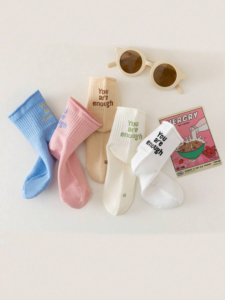 5 đôi tất cổ ngắn đến giữa bắp chân cho bé gái, in dòng chữ truyền cảm hứng "Bạn đã đủ tốt rồi", kiểu tất cổ thấp thường ngày. - Nhiều màu - Xem 1
