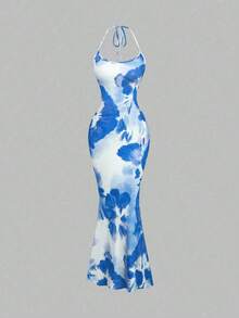 Vestido largo de fiesta formal con cuello halter y bajo de sirena en color sólido de - Azul - Ver 9