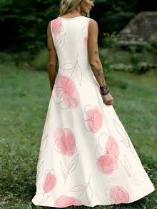 Women's Summer Dress, Off-White Pink Ink Line Floral Print Sleeveless Maxi Dress, Gentle Art Style Drapey Long Skirt - 彩色 - 查看 4