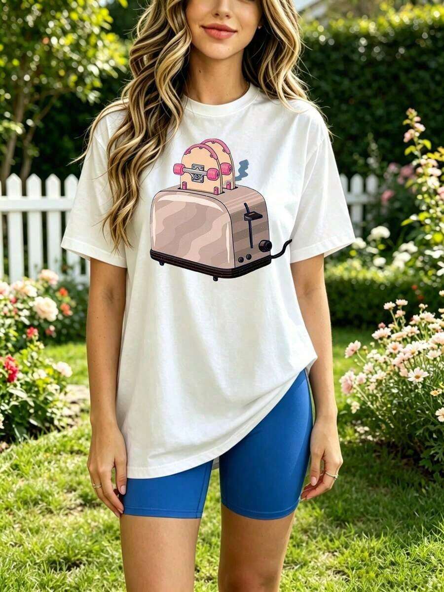 Camiseta suave 100% algodón, camiseta de algodón blanca con estampado de tostadora y patineta, atuendo casual de verano para mujer, ropa de jardín y exterior, camiseta de algodón transpirable, combina con todo, genial. - Blanco - Ver 1