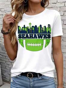 Camiseta suave 100% algodón, estilo casual para mujer, diseño de paisaje urbano de los Seahawks Football, para usar en verano y otoño, regalo para fanáticos de los deportes, 220g, camiseta de algodón transpirable, combina con todo, genial. - Blanco - Ver 6