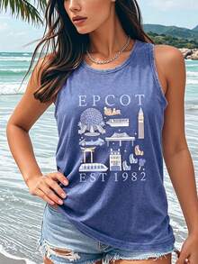 EPCOT EST 1982 Theme Park Print Tank Top For Women, Retro Graphic Loose Fit Sleeveless Vest Casual Summer Vacation Streetwear Top. - 寶藍色 - 查看 5