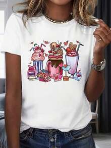 Women's Candy And Love Theme Graphic T-Shirt, Casual Summer Fashion With Dessert Design, Party And Vacation Clothes 220m Women's Heat Pack - 白色 - 查看 7