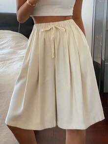 Pantalones rectos sueltos de unicolor con cintura elástica y cordón, informales de lino para el verano - Albaricoque - Ver 6