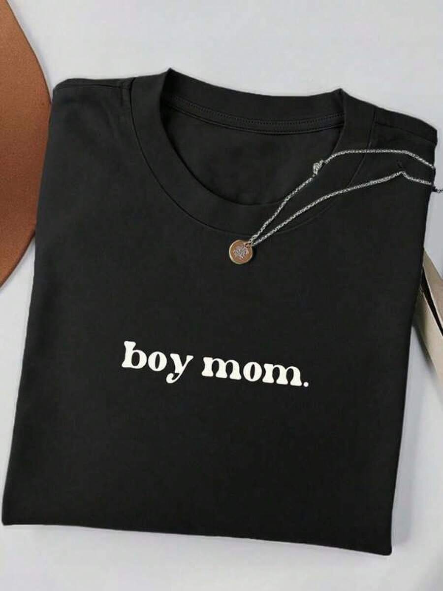 Camiseta casual de manga corta, cuello redondo y ajuste holgado con estampado de letras para mujeres - Negro - Ver 1