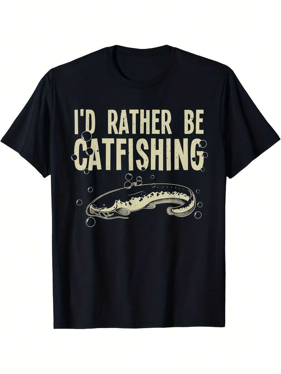 Fun Catfish Design T-Shirt For Catfish Hunters, Men And Women. Versatile All-Season Tees, Casual And Classic, Made Of Pure Cotton, Comfortable And Breathable. Comfortable Graphic Print Tee, Ideal For Everyday Outdoor Wear. - 黑色 - 查看 1