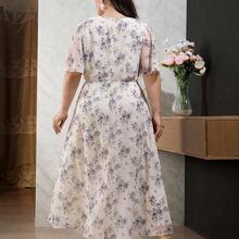 Plus Size Elegant Floral Print V-Neck Waist Tie Dress, Summer - Multicolor - Ver 3