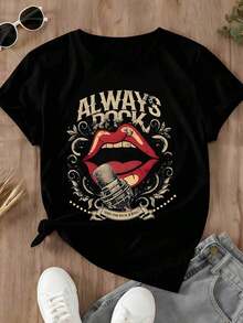 Always Rock Women's T-Shirt, Vintage Rock Band Design With Red Lips And Microphone, White Cotton T-Shirt For Music Lovers - 黑色 - 查看 2