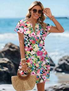 Vestido corto minimalista casual con cuello en V, adecuado para primavera y verano, ropa de verano para mujer, a rayas de colores, ropa de resort para mujer - Multicolor 3 - Ver 9