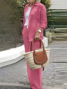Cardigan casual con cuello polo ligero, blusa elegante de unicolor versátil adecuada para la playa, el diario, el trabajo, las compras, de tela suave, pantalones sueltos con cintura elástica, conjunto de 2 piezas, primavera/verano/otoño - Rosa Fucsia - Ver 5