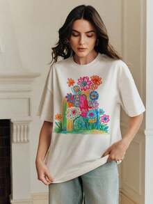 Playera Blanca de Mujer, 100% Algodón Transpirable, Estampado Floral Colorido en Estilo Dibujado a Mano, Diseño Casual Aesthetic, Cómoda para Uso Diario y Verano - Blanco - Ver 5
