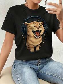 And  Women's T-Shirt, Cute Cat - Graphic T-Shirt, Long Sleeve For Women, Minimalist Funny Cat Print, Gift For Friends Men's T-Shirt Tops Sweatshirts For Women Y2k T-Shirt Shirt - 黑色 - 查看 9