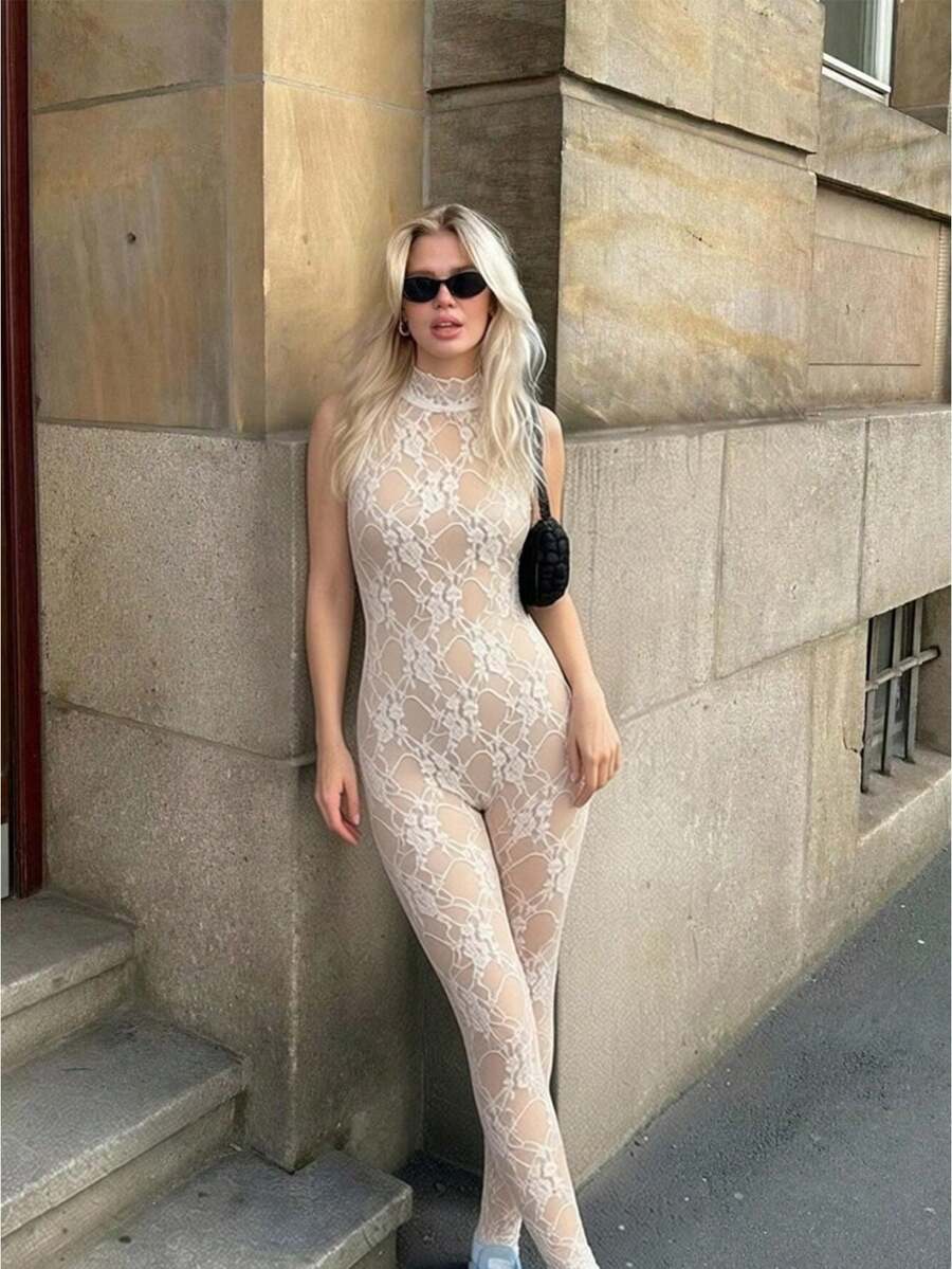 Women's Lace Bodysuit Ruffled Collar Sleeveless Backless Sheer Fitted Jumpsuit Summer - White - View 1