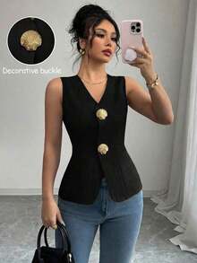 Blusa exterior con cuello en V ajustada con decoración de botones dorados con rosas - Negro - Ver 9