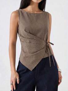 Camiseta de mujer de unicolor con dobladillo asimétrico, cintura con lazo y cuello redondo - Caqui - Ver 3