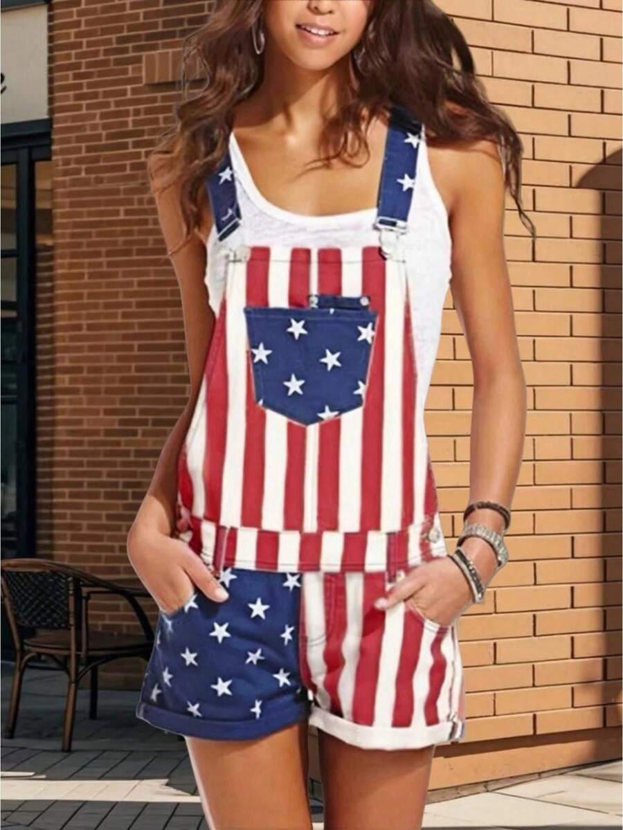 Women's American Flag Overalls Jean Shorts Cotton Summer Rompers 4th Of July Patriotic Jumpsuit Outfit Casual Adjustable Bibs Denim Overalls Color Block Stripe Star Print Suspender Shorts With Pockets Independence Day Outfit - Rojo y blanco - Ver 1