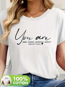 Camia de manga corta con cuello redondo y estampado de letras 100%, nueva ropa de verano para mujer, transpirable y cómoda. - Blanco - Ver 2